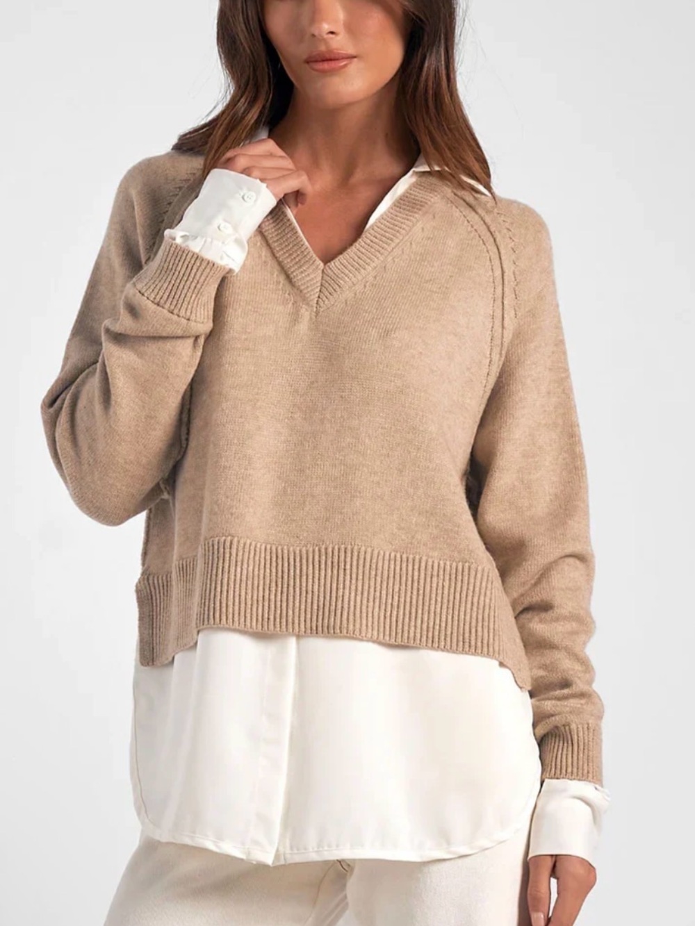 Elan Neutral Beige V-Neck Pullover Sweater